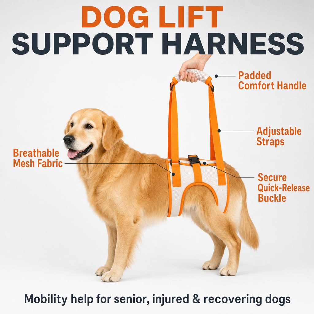 Dog lift support harness with features labeled on a white background