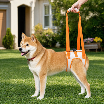 Dog wearing an orange and white harness with a handle, standing on grass.